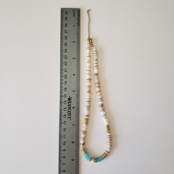 shell beaded necklace with blue stone and gold tone hardware, - Picture 3 of 6